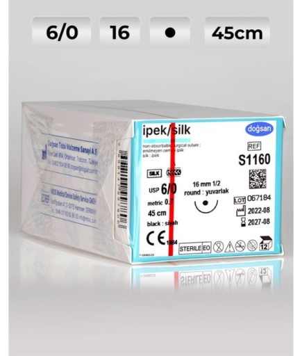 S1160 DOĞSAN İpek 6/0 16 1/2 Yuvarlak (●) 45Cm İpek Emilemeyen Sütür 12 Ad./Pkt