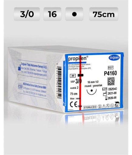 P4160 DOĞSAN Propilen 3/0 16 1/2 Yuvarlak (●) 75Cm Polipropilen Emilemeyen Sütür 12 Ad./Pkt