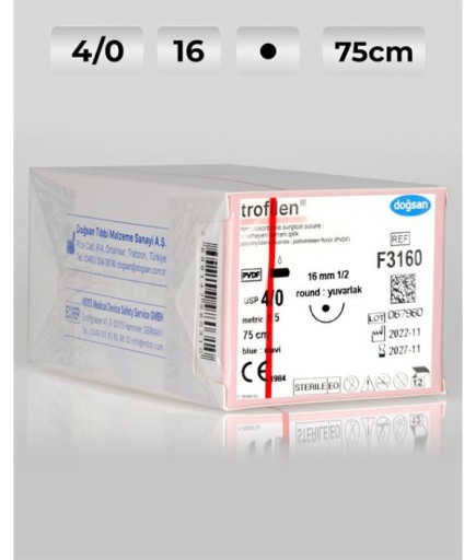 F3160 DOĞSAN Trofilen 4/0 16 1/2 Yuvarlak (●) 75Cm PVDF Emilemeyen Sütür 12 Ad./Pkt