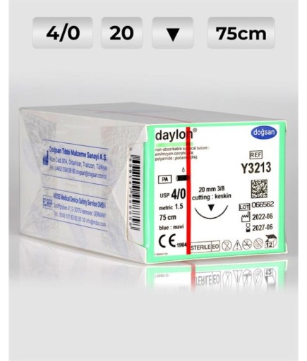 Y3213 DOĞSAN Daylon 4/0 20 3/8 Keskin (▼) 75Cm Polyamid Emilemeyen Sütür 12 Ad./Pkt