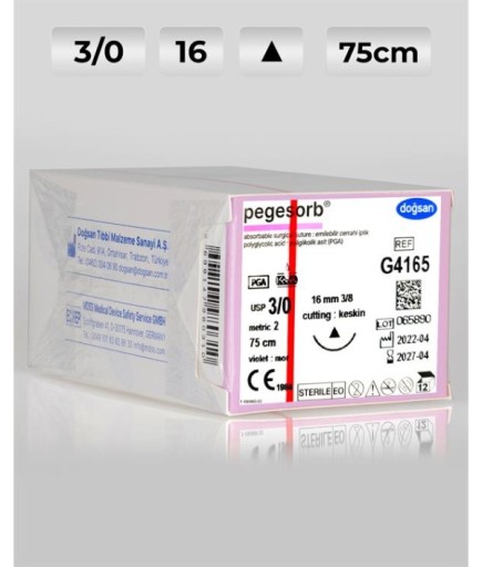 G4165 DOĞSAN Pegesorb 3/0 16 3/8 Keskin (Δ) 75Cm PGA Emilebilir Sütür 12 Ad./Pkt