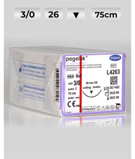 L4263 DOĞSAN Pegelak 3/0 26 3/8 Keskin (▼) 75Cm PGLA Emilebilir Sütür 12 Ad./Pkt