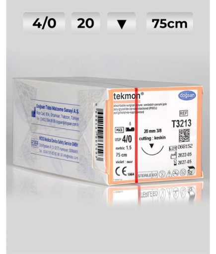 T3213 DOĞSAN Tekmon 4/0 20 3/8 Keskin (▼) 75Cm PGCL Emilebilir Sütür 12 Ad./Pkt