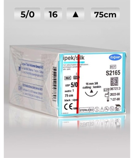 S2165 DOĞSAN İpek 5/0 16 3/8 Keskin (Δ) 75Cm İpek Emilemeyen Sütür 12 Ad./Pkt