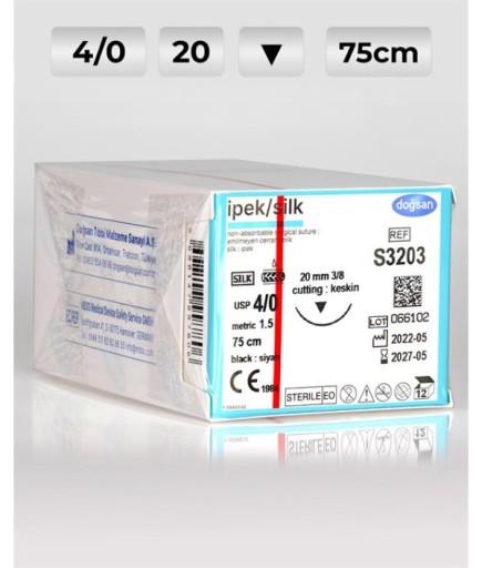 S3203 DOĞSAN İpek 4/0 20 3/8 Keskin (▼) 75Cm İpek Emilemeyen Sütür 12 Ad./Pkt