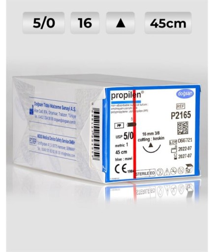 P2165 DOĞSAN Propilen 5/0 16 3/8 Keskin (Δ) 45Cm Polipropilen Emilemeyen Sütür 12 Ad./Pkt