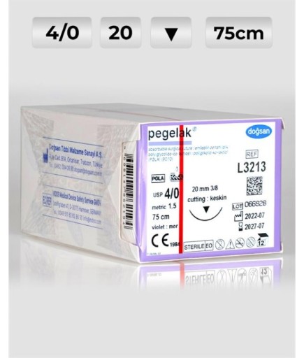 L3213 DOĞSAN Pegelak 4/0 20 3/8 Keskin (▼) 75Cm PGLA Emilebilir Sütür 12 Ad./Pkt