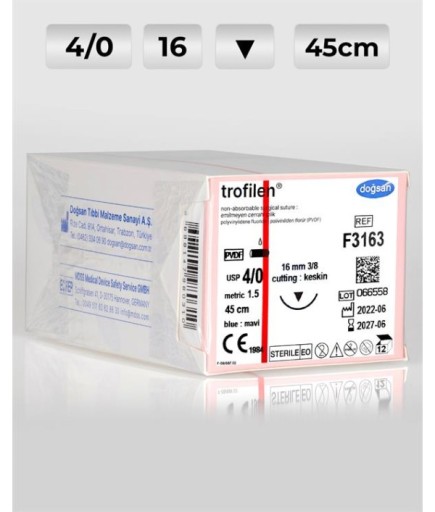 F3163 DOĞSAN Trofilen 4/0 16 3/8 Keskin (▼) 45Cm PVDF Emilemeyen Sütür 12 Ad./Pkt