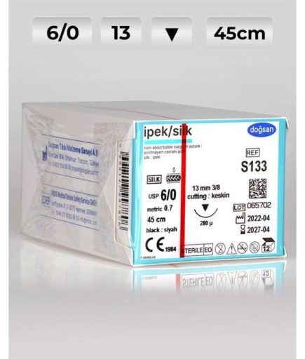 S133 DOĞSAN İpek 6/0 13 3/8 Keskin (▼) 45Cm İpek Emilemeyen Sütür 12 Ad./Pkt
