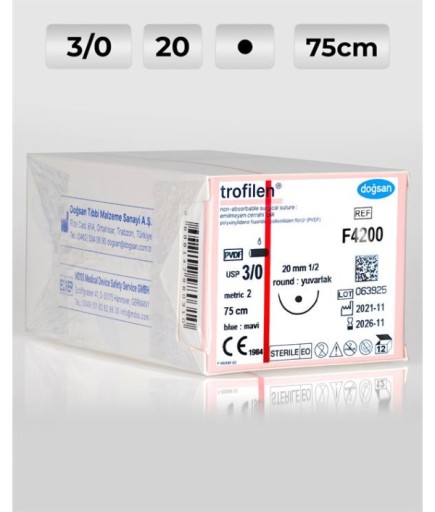 F4200 DOĞSAN Trofilen 3/0 20 1/2 Yuvarlak (●) 75Cm PVDF Emilemeyen Sütür 12 Ad./Pkt