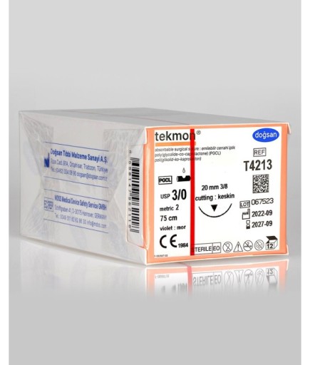 T4213 Tekmon 3/0 20 3/8 Keskin (▼) 75Cm PGCL Emilebilir Sütür 12 Ad./Pkt