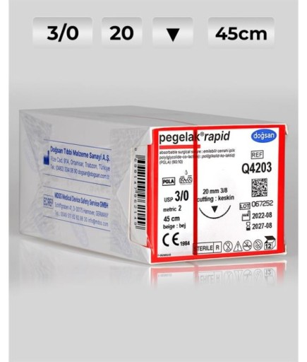Q4203 DOĞSAN Pegelak Rapid 3/0 20 3/8 Keskin (▼) 45Cm PGLA Emilebilir Sütür 12 Ad./Pkt