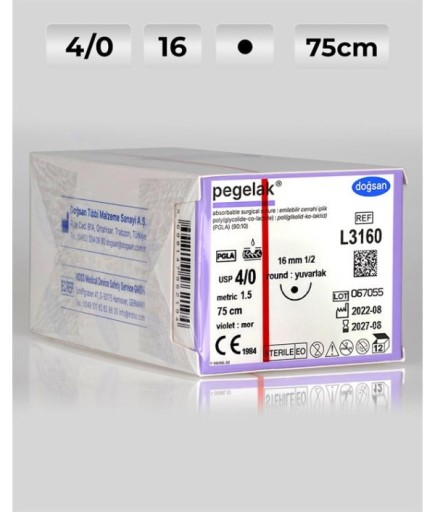L3160 DOĞSAN Pegelak 4/0 16 1/2 Yuvarlak (●) 75Cm PGLA Emilebilir Sütür 12 Ad./Pkt