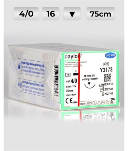 Y3173 DOĞSAN Daylon 4/0 16 3/8 Keskin (▼) 75Cm Polyamid Emilemeyen Sütür 12 Ad./Pkt