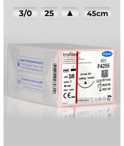 F4255 DOĞSAN Trofilen 3/0 25 3/8 Keskin (Δ) 45Cm PVDF Emilemeyen Sütür 12 Ad./Pkt