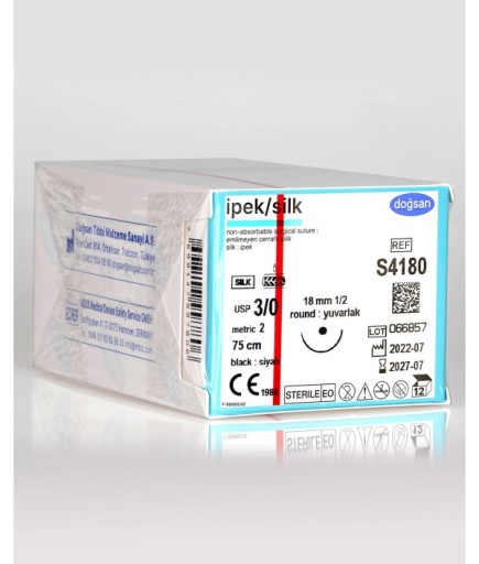 S4180 İpek 3/0 18 1/2 Yuvarlak (●) 75Cm İpek Emilemeyen Sütür 12 Ad./Pkt