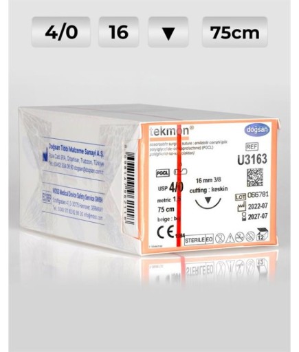 U3163 DOĞSAN Tekmon 4/0 16 3/8 Keskin (▼) 75Cm PGCL Emilebilir Sütür 12 Ad./Pkt