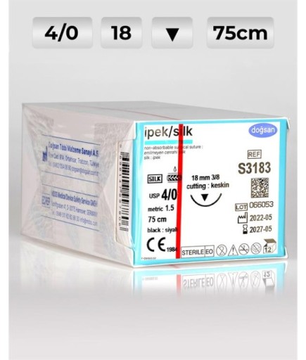 S3183 DOĞSAN İpek 4/0 18 3/8 Keskin (▼) 75Cm İpek Emilemeyen Sütür 12 Ad./Pkt