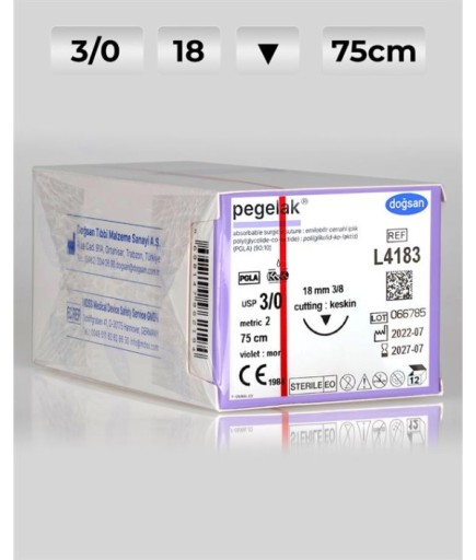L4183 DOĞSAN Pegelak 3/0 18 3/8 Keskin (▼) 75Cm PGLA Emilebilir Sütür 12 Ad./Pkt