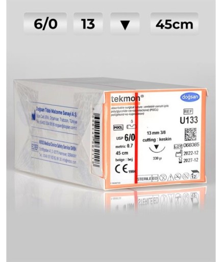 U133 DOĞSAN Tekmon 6/0 13 3/8 Keskin (▼) 45Cm PGCL Emilebilir Sütür 12 Ad./Pkt
