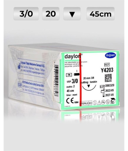 Y4203 DOĞSAN Daylon 3/0 20 3/8 Keskin (▼) 45Cm Polyamid Emilemeyen Sütür 12 Ad./Pkt