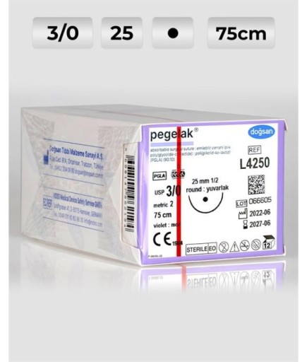 L4250 DOĞSAN Pegelak 3/0 25 1/2 Yuvarlak (●) 75Cm PGLA Emilebilir Sütür 12 Ad./Pkt