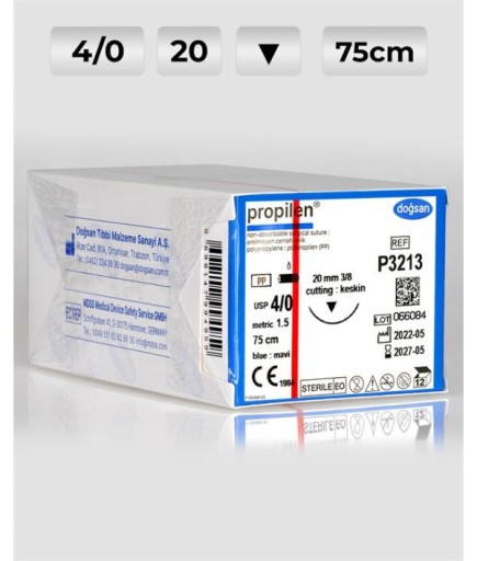 P3213 DOĞSAN Propilen 4/0 20 3/8 Keskin (▼) 75Cm Polipropilen Emilemeyen Sütür 12 Ad./Pkt