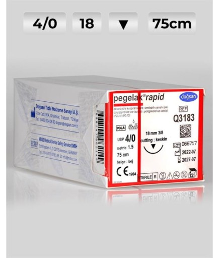 Q3183 DOĞSAN Pegelak Rapid 4/0 18 3/8 Keskin (▼) 75Cm PGLA Emilebilir Sütür 12 Ad./Pkt