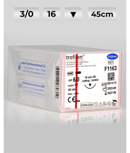 F1163 DOĞSAN Trofilen 6/0 16 3/8 Keskin (▼) 45Cm PVDF Emilemeyen Sütür 12 Ad./Pkt