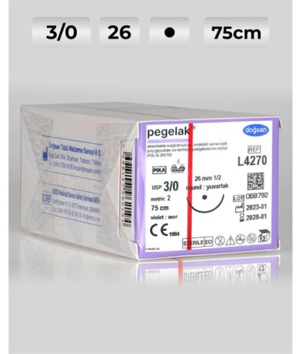 L4270 DOĞSAN Pegelak 3/0 26 1/2 Yuvarlak (●) 75Cm PGLA Emilebilir Sütür 12 Ad./Pkt