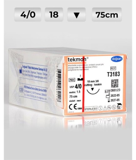 T3183 DOĞSAN Tekmon 4/0 18 3/8 Keskin (▼) 75Cm PGCL Emilebilir Sütür 12 Ad./Pkt