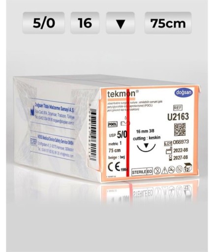 U2163 DOĞSAN Tekmon 5/0 16 3/8 Keskin (▼) 75Cm PGCL Emilebilir Sütür 12 Ad./Pkt