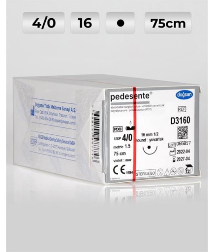 D3160 DOĞSAN Pedesente 4/0 16 1/2 Yuvarlak (●) 75Cm PDO Emilebilir Sütür 12 Ad./Pkt