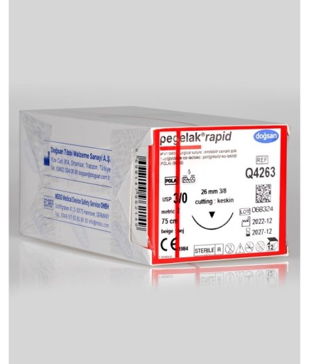 Q4263 Pegelak Rapid 3/0 26 3/8 Keskin (▼) 75Cm PGLA Emilebilir Sütür 12 Ad./Pkt