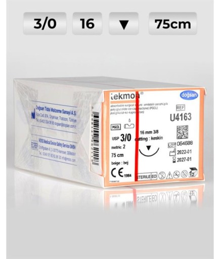 U4163 DOĞSAN Tekmon 3/0 16 3/8 Keskin (▼) 75Cm PGCL Emilebilir Sütür 12 Ad./Pkt