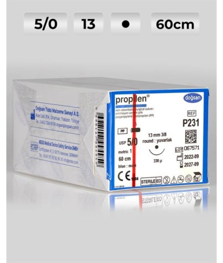 P231 DOĞSAN Propilen 5/0 13 3/8 Yuvarlak (●) 60Cm Polipropilen Emilemeyen Sütür 12 Ad./Pkt