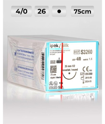 S3260 DOĞSAN İpek 4/0 26 1/2 Yuvarlak (●) 75Cm İpek Emilemeyen Sütür 12 Ad./Pkt