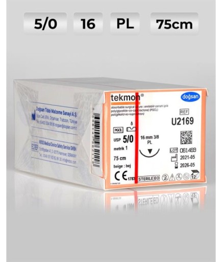 U2169 DOĞSAN Tekmon 5/0 16 3/8 PL 75Cm PGCL Emilebilir Sütür 12 Ad./Pkt