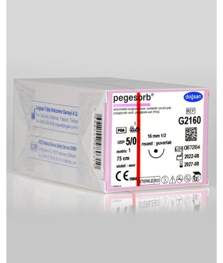 G2160 Pegesorb 5/0 16 1/2 Yuvarlak (●) 75Cm PGA Emilebilir Sütür 12 Ad./Pkt