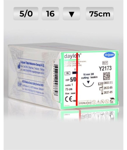 Y2173 DOĞSAN Daylon 5/0 16 3/8 Keskin (▼) 75Cm Polyamid Emilemeyen Sütür 12 Ad./Pkt