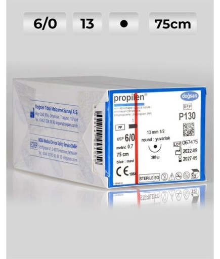 P130 DOĞSAN Propilen 6/0 13 1/2 Yuvarlak (●) 75Cm Polipropilen Emilemeyen Sütür 12 Ad./Pkt