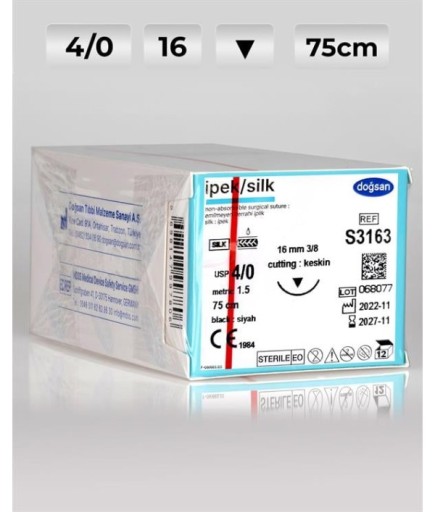 S3163 DOĞSAN İpek 4/0 16 3/8 Keskin (▼) 75Cm İpek Emilemeyen Sütür 12 Ad./Pkt