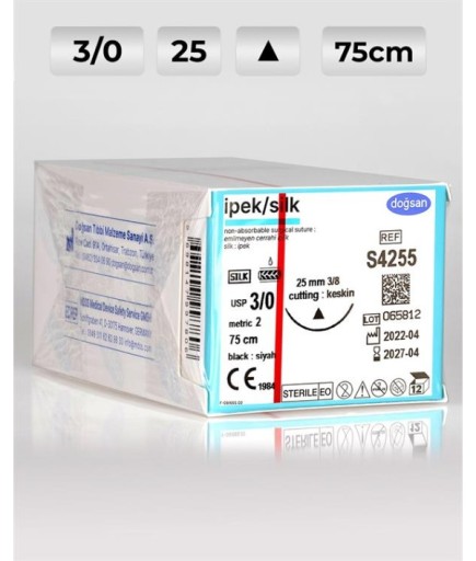S4255 DOĞSAN İpek 3/0 25 3/8 Keskin (Δ) 75Cm İpek Emilemeyen Sütür 12 Ad./Pkt