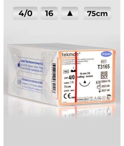 T3165 DOĞSAN Tekmon 4/0 16 3/8 Keskin (Δ) 75Cm PGCL Emilebilir Sütür 12 Ad./Pkt