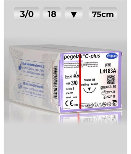 L4183A DOĞSAN Pegelak 3/0 18 3/8 Keskin (▼) 75Cm PGLA Emilebilir Sütür 12 Ad./Pkt