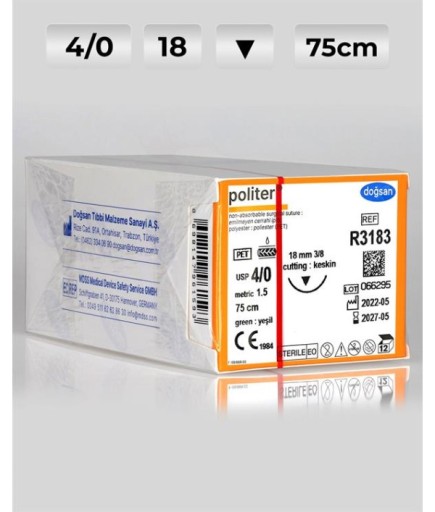 R3183 DOĞSAN Politer 4/0 18 3/8 Keskin (▼) 75Cm Polyester Emilemeyen Sütür 12 Ad./Pkt
