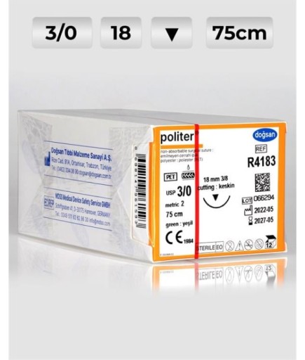 R4183 DOĞSAN Politer 3/0 18 3/8 Keskin (▼) 75Cm Polyester Emilemeyen Sütür 12 Ad./Pkt