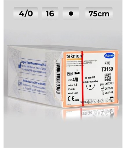 T3160 DOĞSAN Tekmon 4/0 16 1/2 Yuvarlak (●) 75Cm PGCL Emilebilir Sütür 12 Ad./Pkt