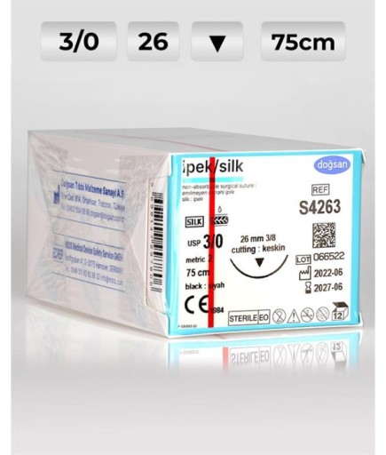 S4263 DOĞSAN İpek 3/0 26 3/8 Keskin (▼) 75Cm İpek Emilemeyen Sütür 12 Ad./Pkt