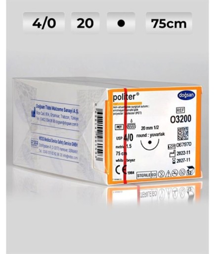 O3200 DOĞSAN Politer 4/0 20 1/2 Yuvarlak (●) 75Cm Polyester Emilemeyen Sütür 12 Ad./Pkt